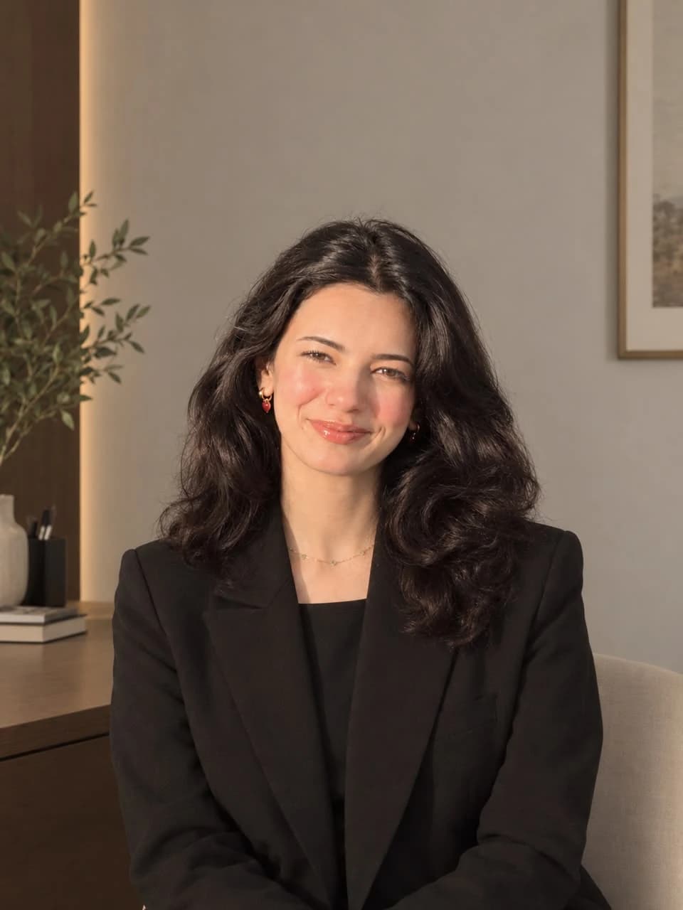 Portrait of Hamna Arif in a black blazer, in warm natural light