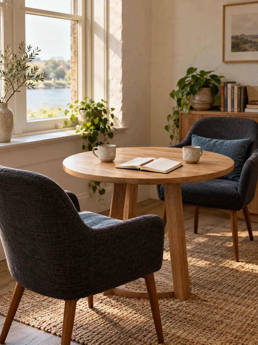 Two chairs pulled up to a small table with tea and a notebook ready for a conversation