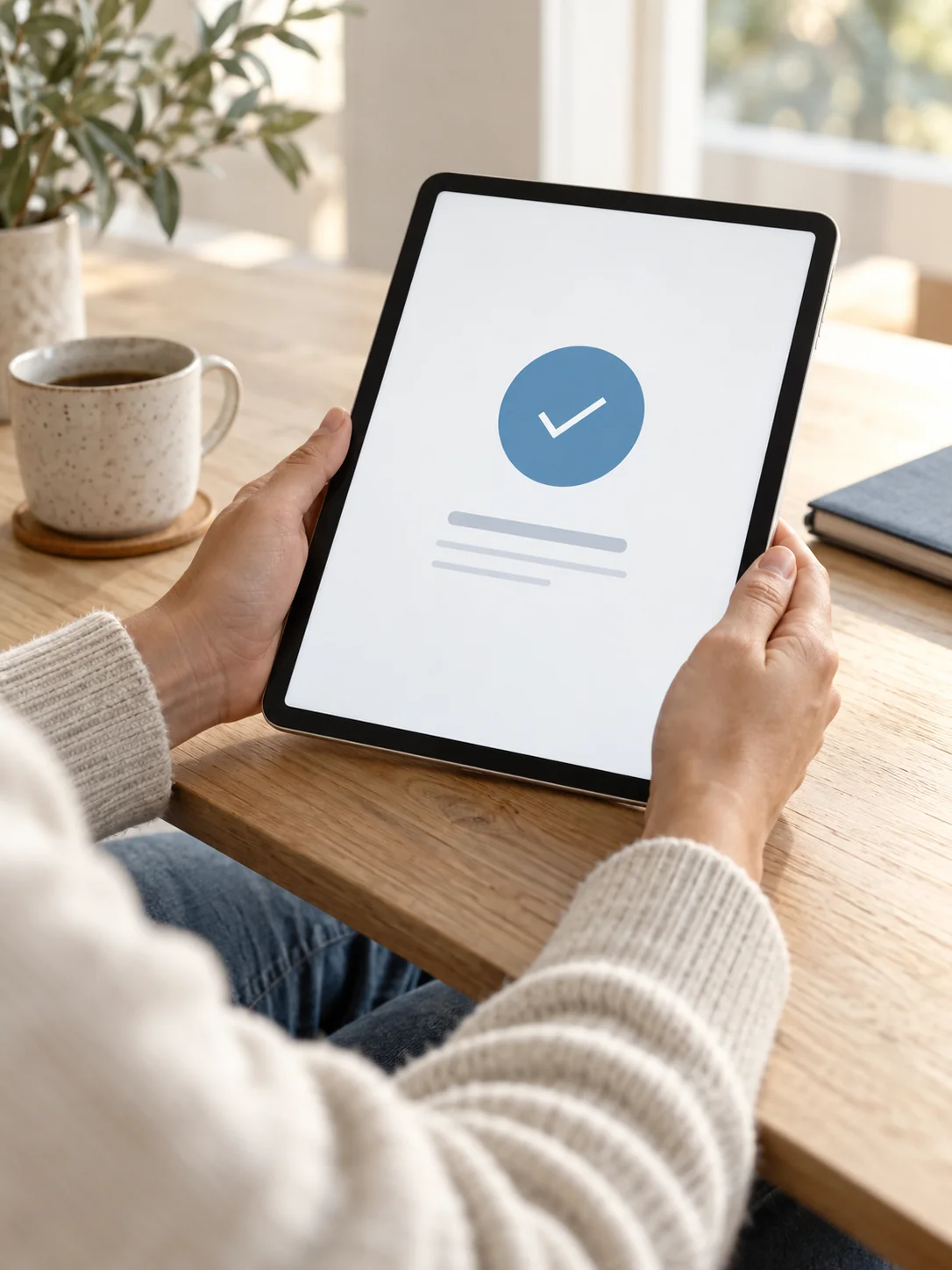 A person completing a simple task on a tablet with a clear blue confirmation check