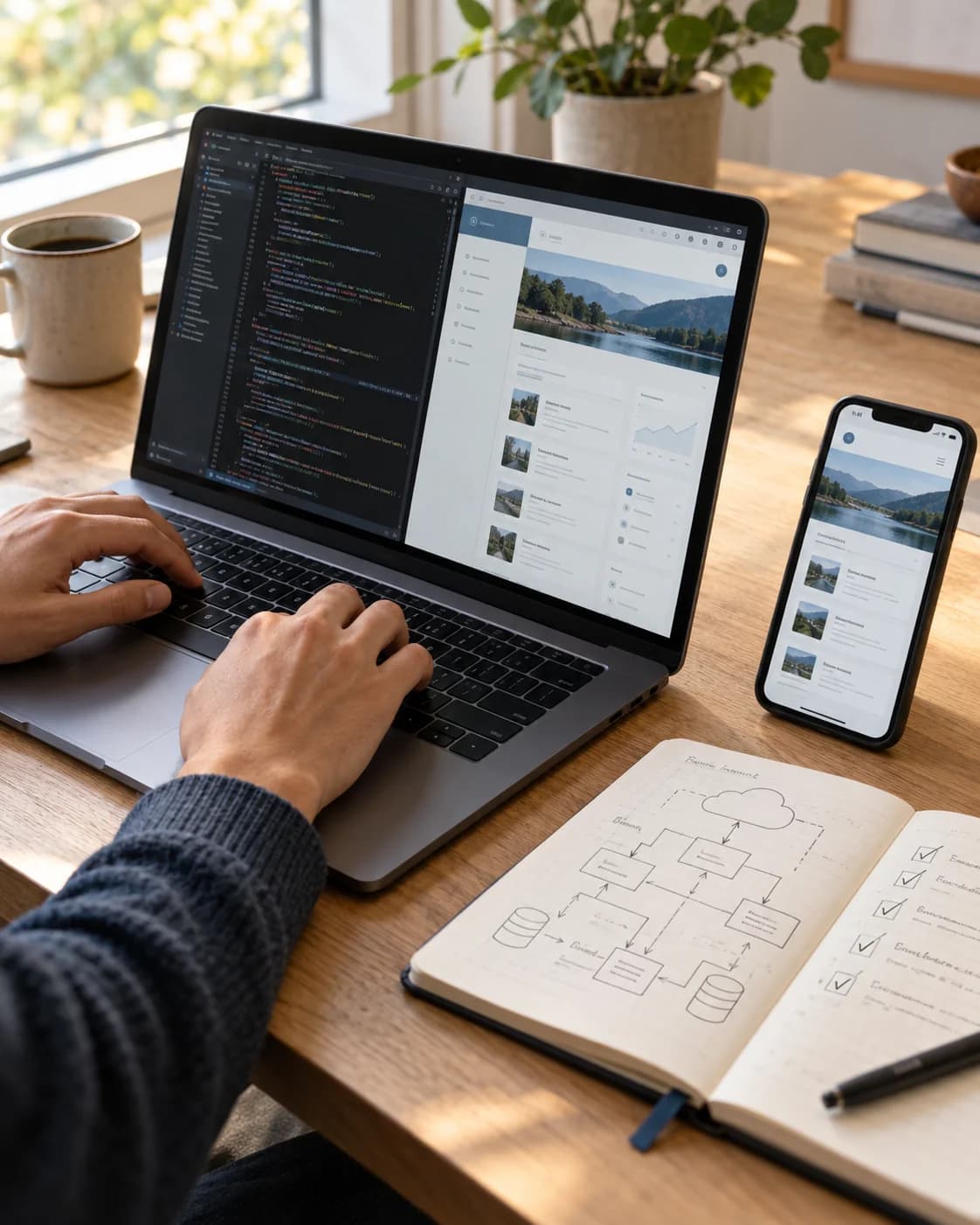 A developer testing the same web application on a laptop and phone beside engineering notes