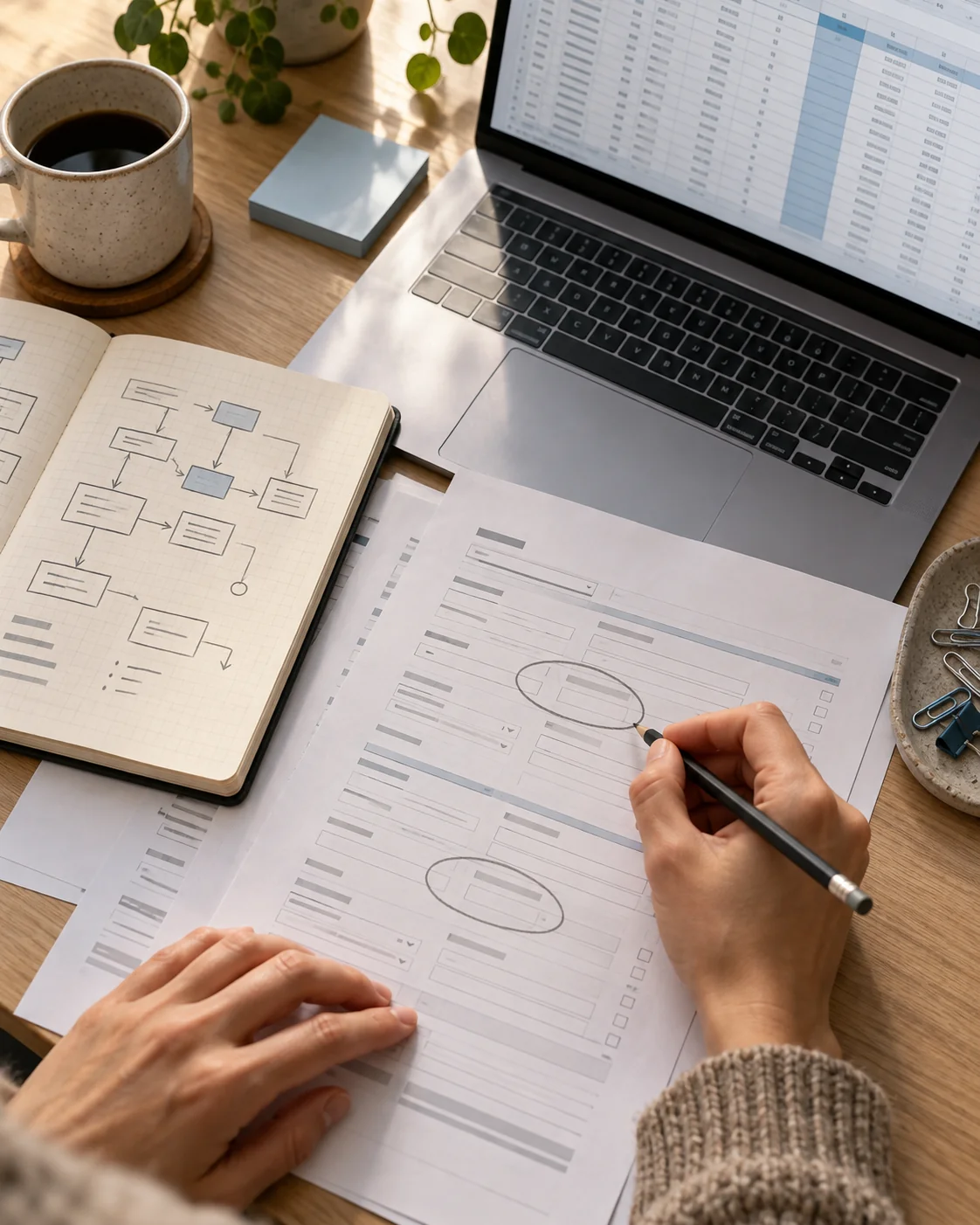 A hand tracing repeated spreadsheet work and a confusing form on a desk