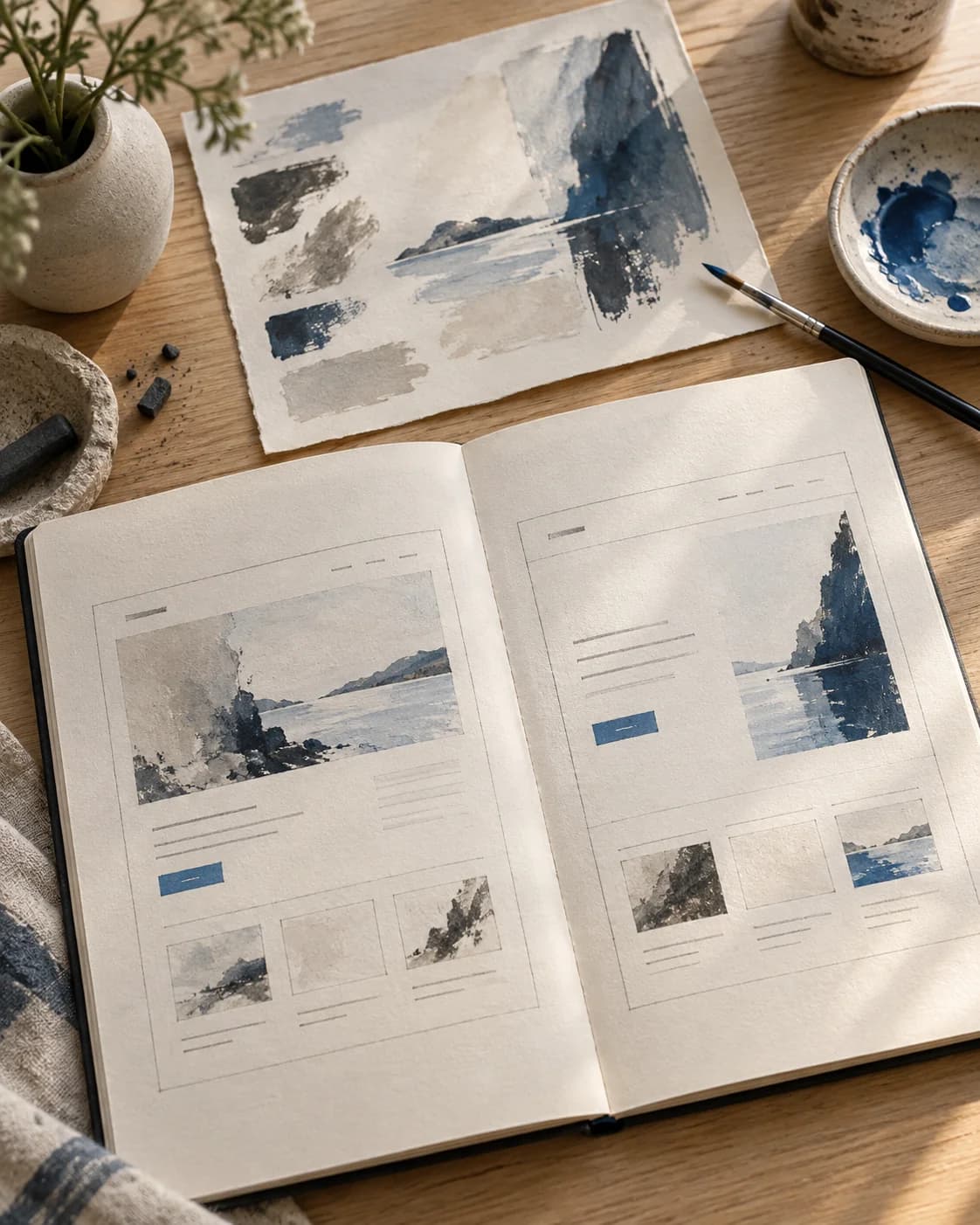 A brush, muted colour studies and spacious website sketches showing art informing design